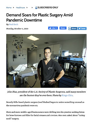 Los Angeles Business Journal: Demand Soars for Plastic Surgery Amid Pandemic Downtime 