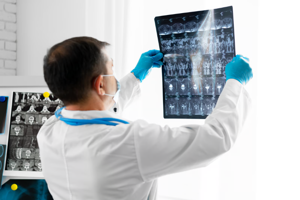 Senior man doctor in mask examines head MRI in hospital
